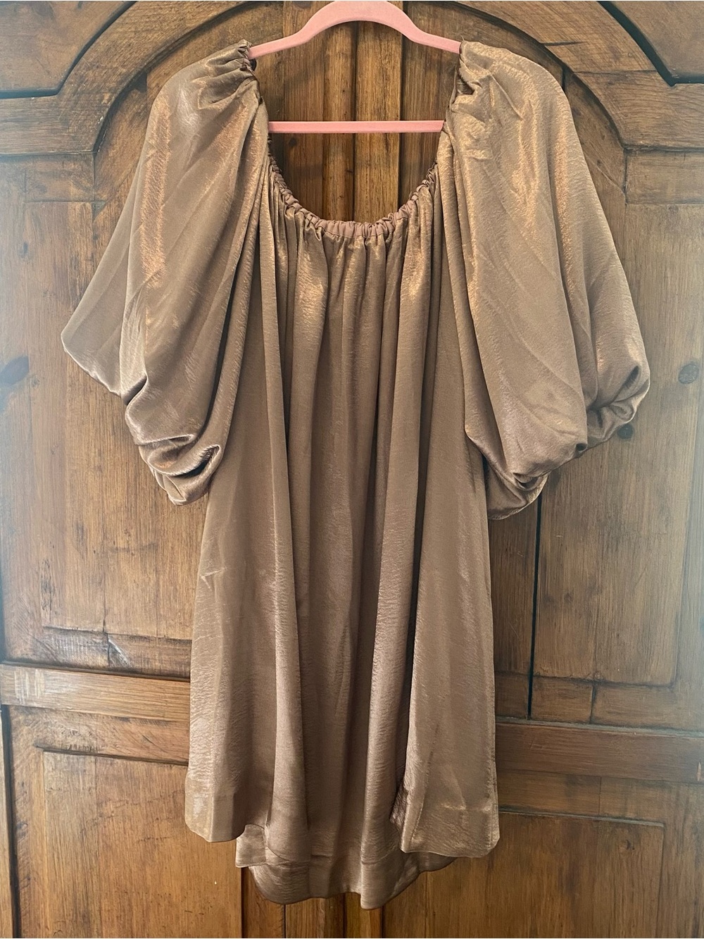 Bronze Shimmering Satin Off-Shoulder Shift Dress 1X 2X